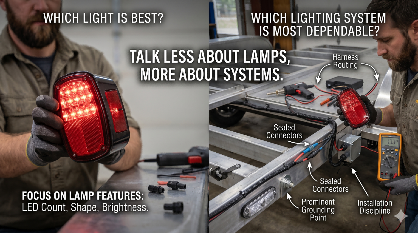 Comparison between a trailer lamp and a complete trailer lighting system with harness routing, sealed connectors, and grounding points